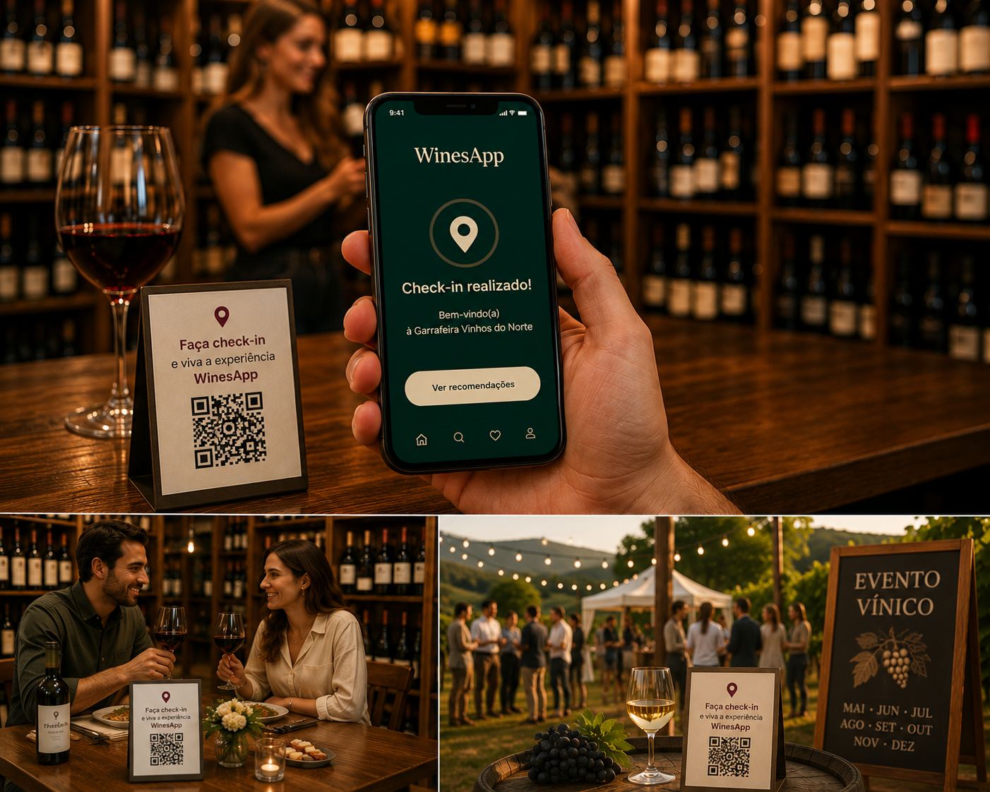 Consumidores a utilizar o check-in da WinesApp numa garrafeira, num restaurante e num evento vínico