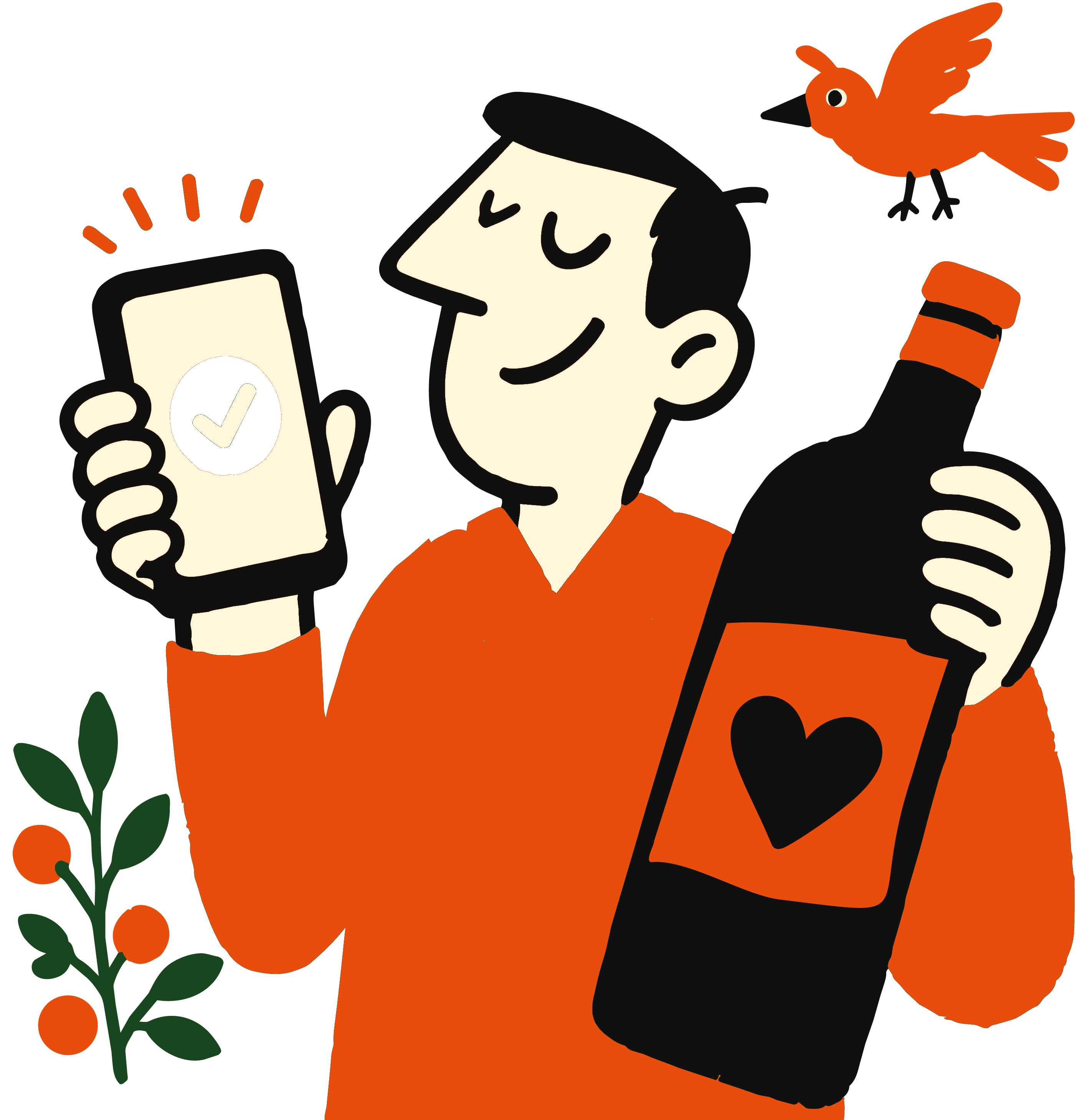 Pessoa com um telemóvel e uma garrafa de vinho