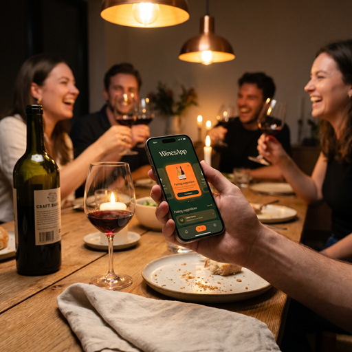 Duas pessoas brindam e usam a WinesApp durante uma refeição